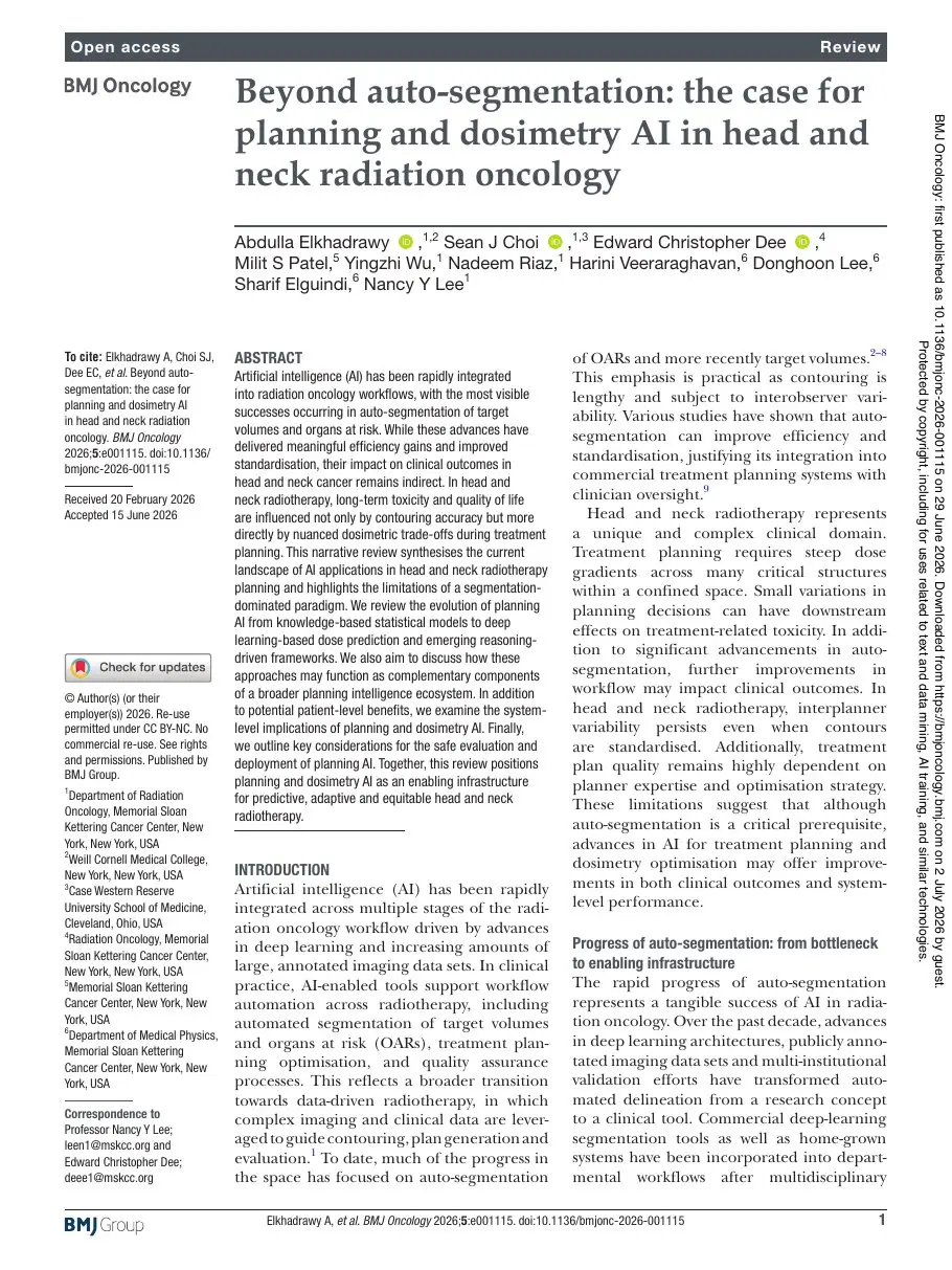 First page of “Beyond auto-segmentation: the case for planning and dosimetry AI in head and neck radiation oncology”