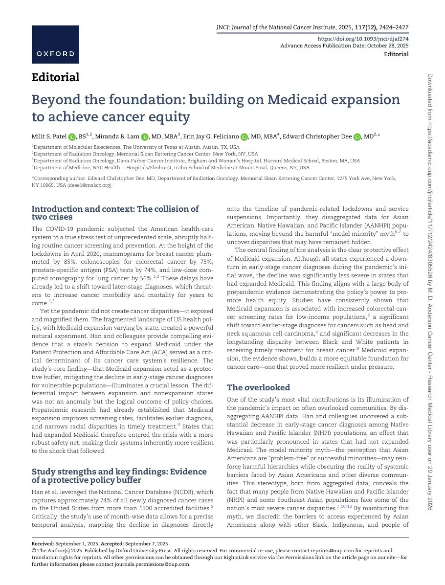 First page of “Beyond the foundation: building on Medicaid expansion to achieve cancer equity”