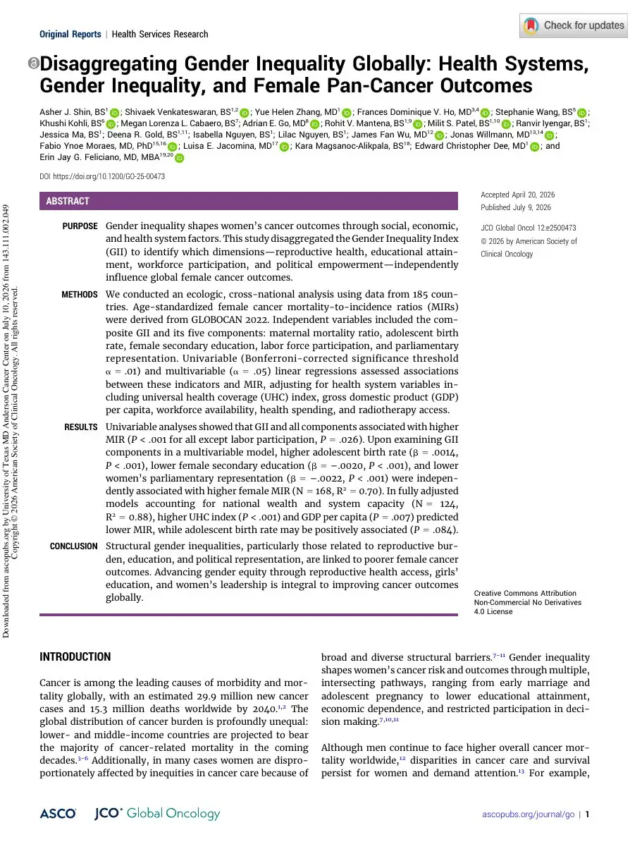 First page of “Disaggregating Gender Inequality Globally: Health Systems, Gender Inequality, and Female Pan-Cancer Outcomes”