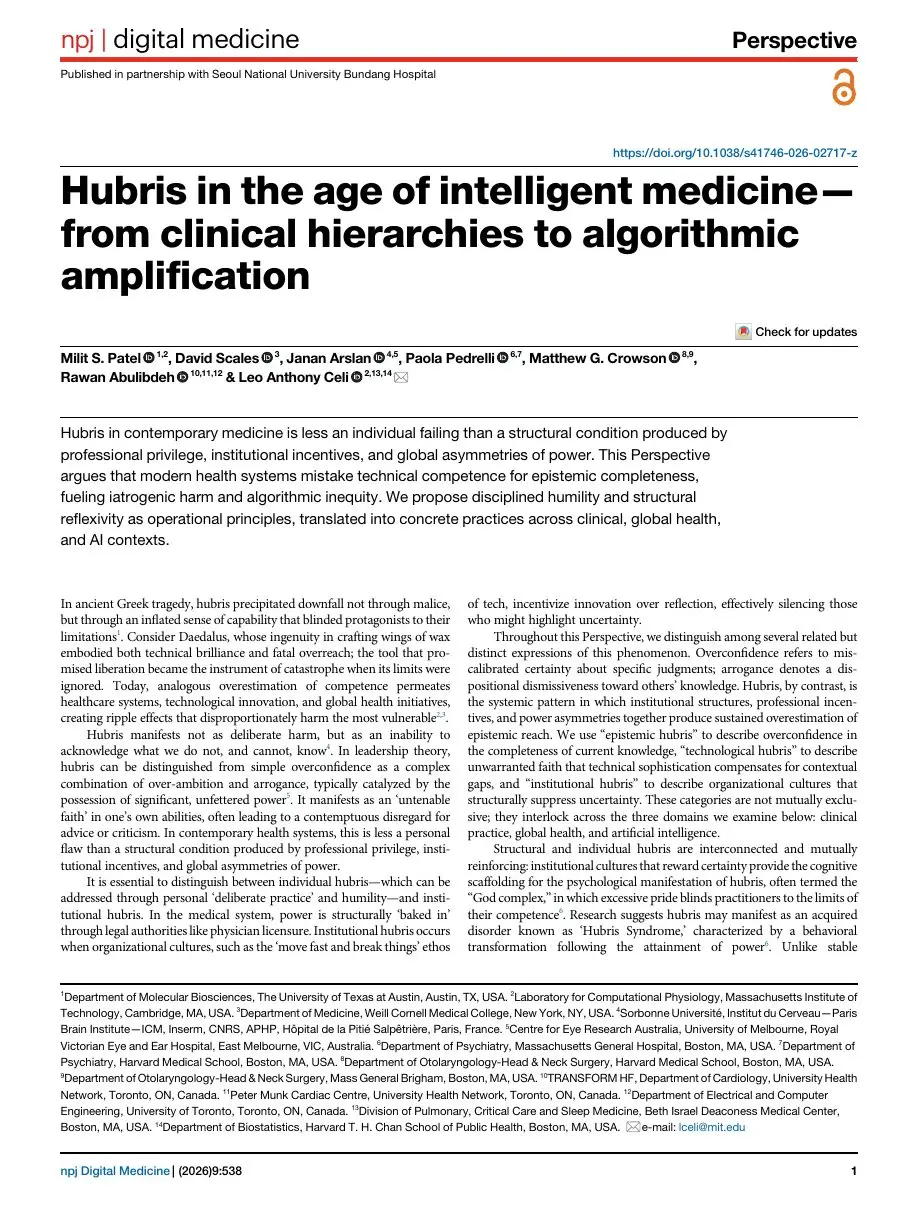 First page of “Hubris in the age of intelligent medicine—from clinical hierarchies to algorithmic amplification”