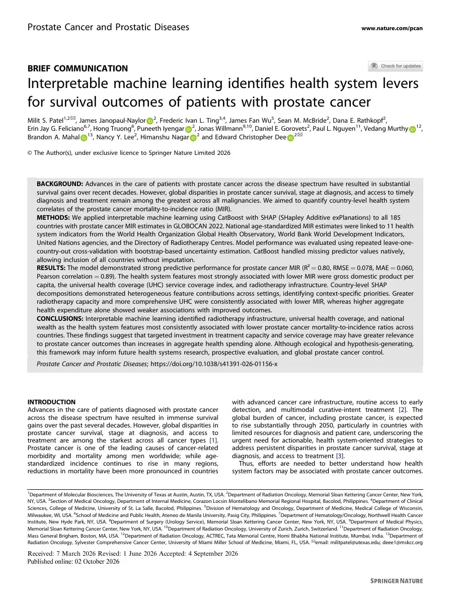 First page of “Interpretable machine learning identifies health system levers for survival outcomes of patients with prostate cancer”