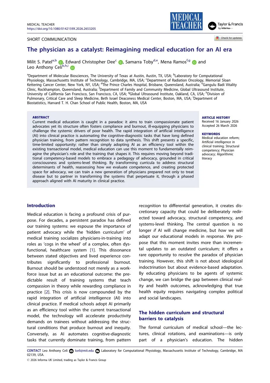 First page of “The physician as a catalyst: Reimagining medical education for an AI era”